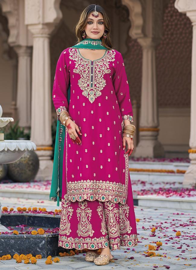 Chinnon Pink Wedding Wear Zari Work Readymade Plazzo Suit